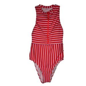 Splendid Women’s Swimsuit Orange White Stripes Zip Up Support size XS one piece